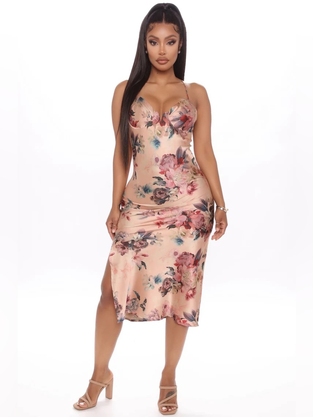 Fashion Nova Floral Satin Pink Midi Dress MEDIUM M